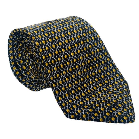 HERMES Tie 100% Silk Tie 56” x 3.25” Gold Dot on Black Geometric Preppy 7242 EUC - Picture 1 of 6